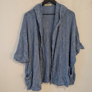 Chalet et ceci Blue Lagenlook Artsy Short Sleeve Boxy Knit Hooded Cardigan 2X